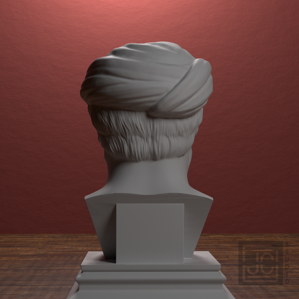 Pythagoras bust, back view in library display