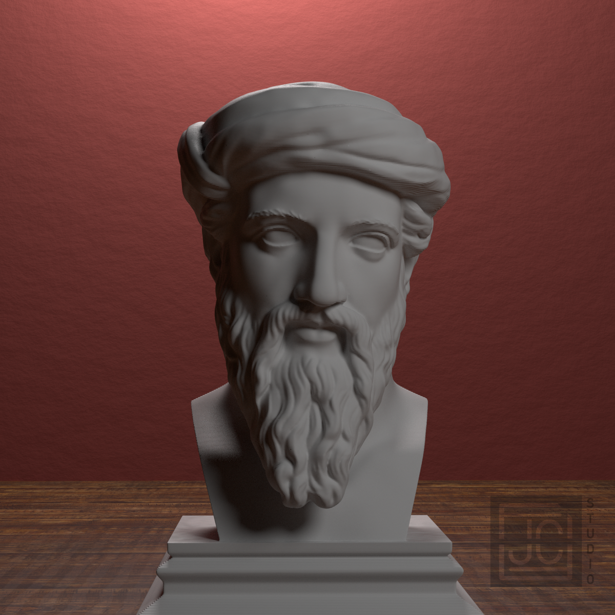 Pythagoras bust, front view in library display