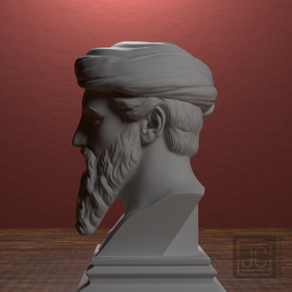 Pythagoras bust, left view in library display