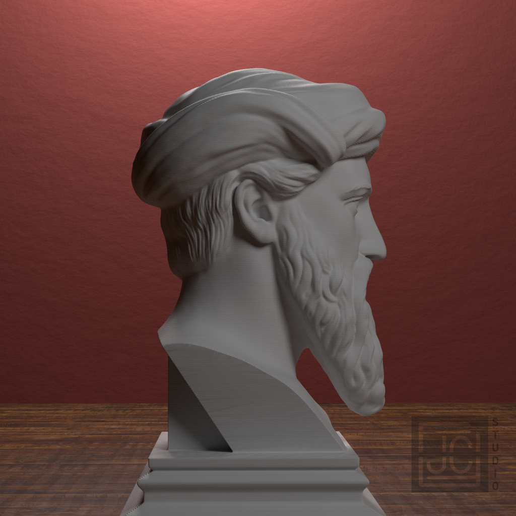 Pythagoras bust, right view in library display