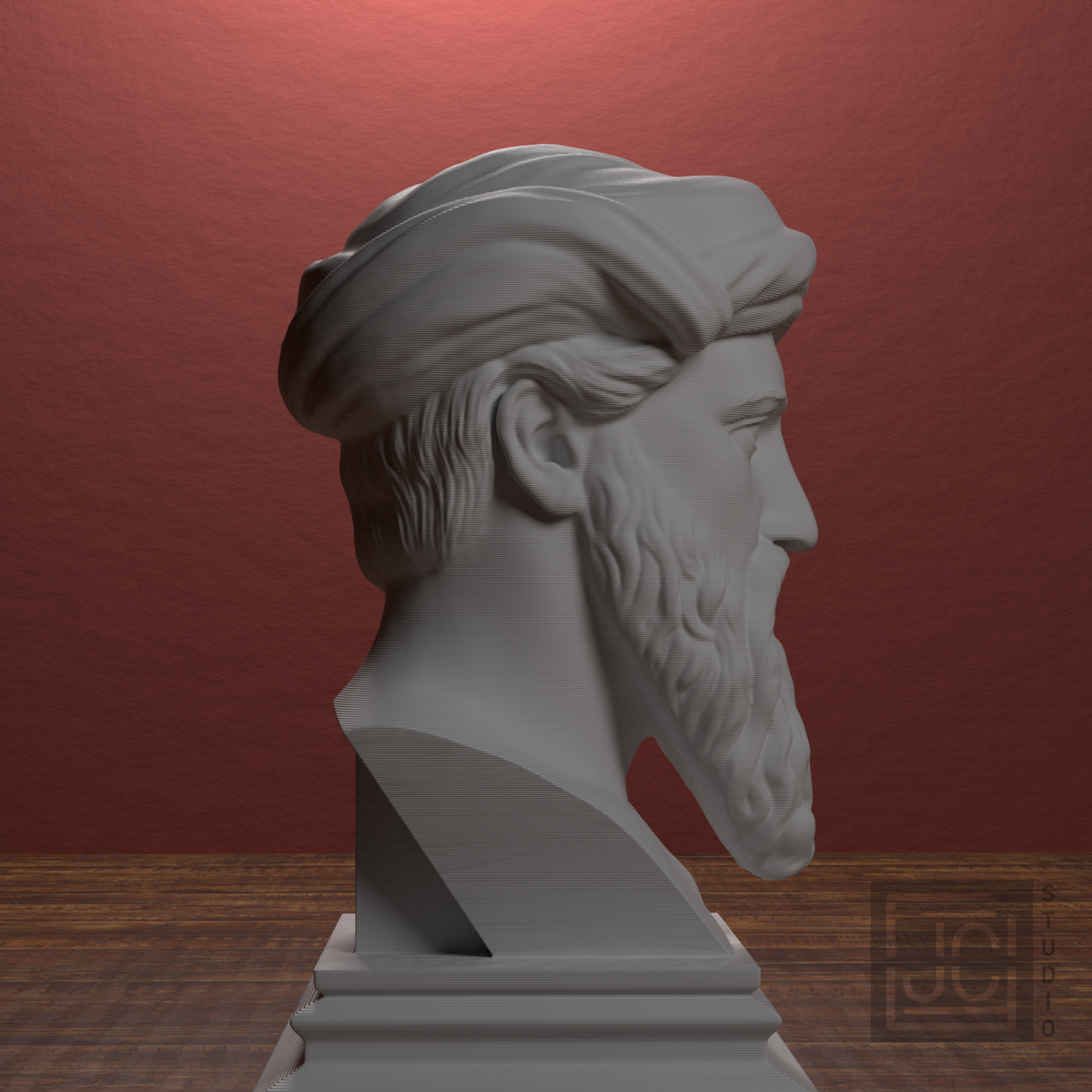 Pythagoras bust, right view in library display
