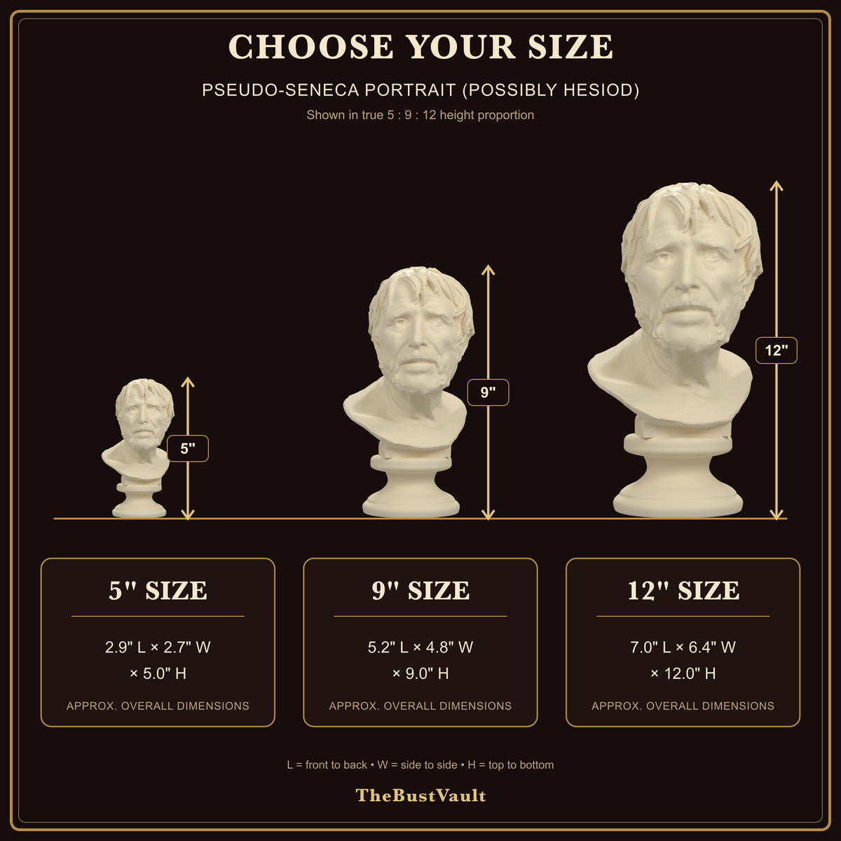 Pseudo-Seneca portrait bust size guide for 5, 9 and 12 inch heights