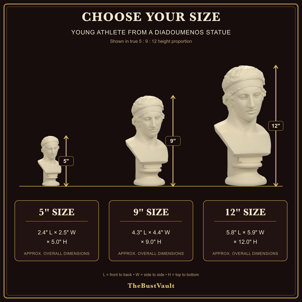 Diadoumenos athlete bust size guide for 5, 9 and 12 inch heights