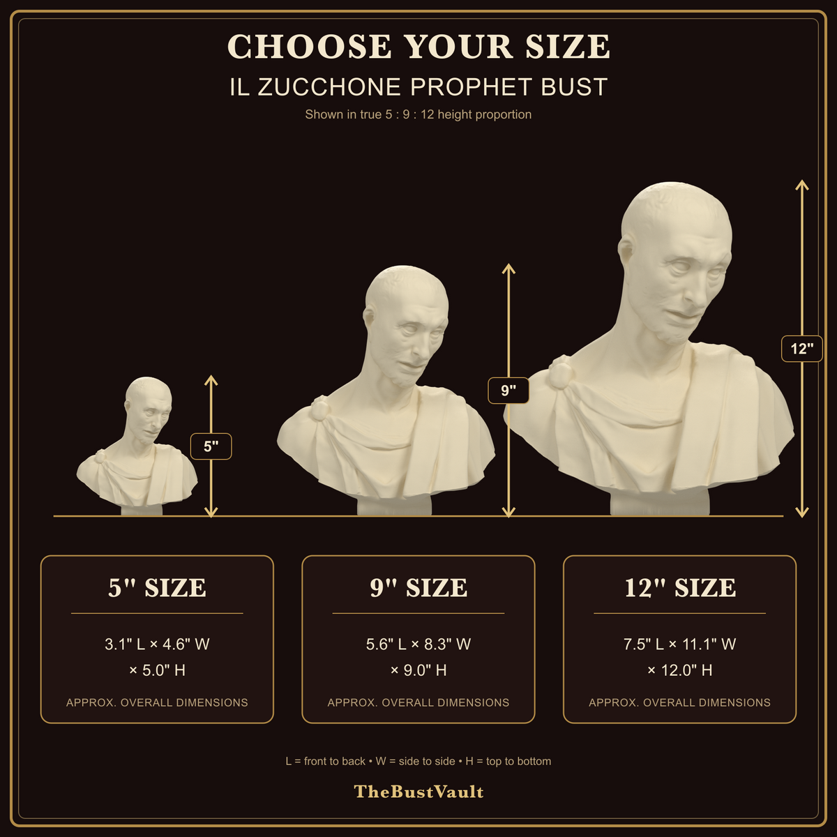 Il Zucchone prophet bust size guide for 5, 9 and 12 inch heights
