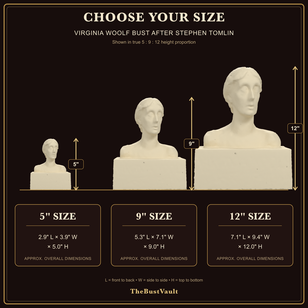 Virginia Woolf Bust after Stephen Tomlin, dimensions at 5, 9, and 12 inches