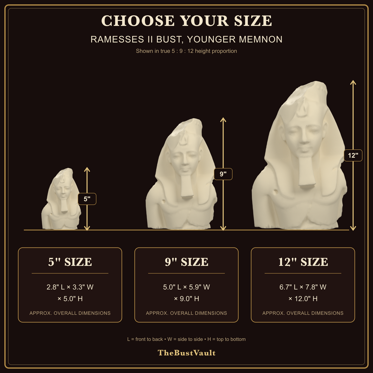 Ramesses II Bust, Younger Memnon, dimensions at 5, 9, and 12 inches