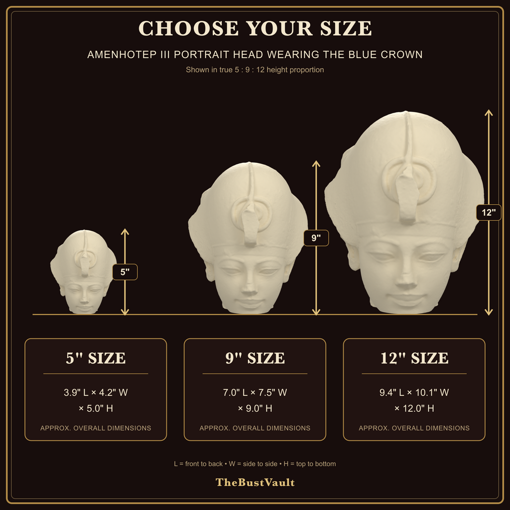 Amenhotep III Portrait Head Wearing the Blue Crown, dimensions at 5, 9, and 12 inches