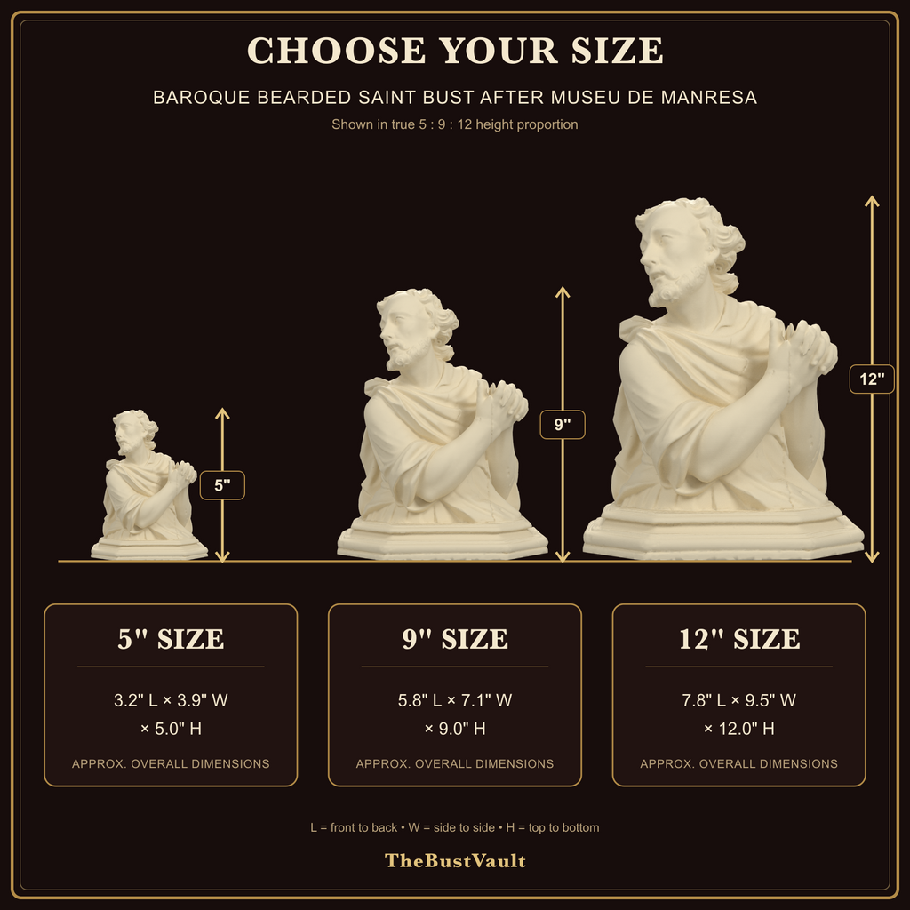 Baroque Bearded Saint Bust after Museu de Manresa, dimensions at 5, 9, and 12 inches
