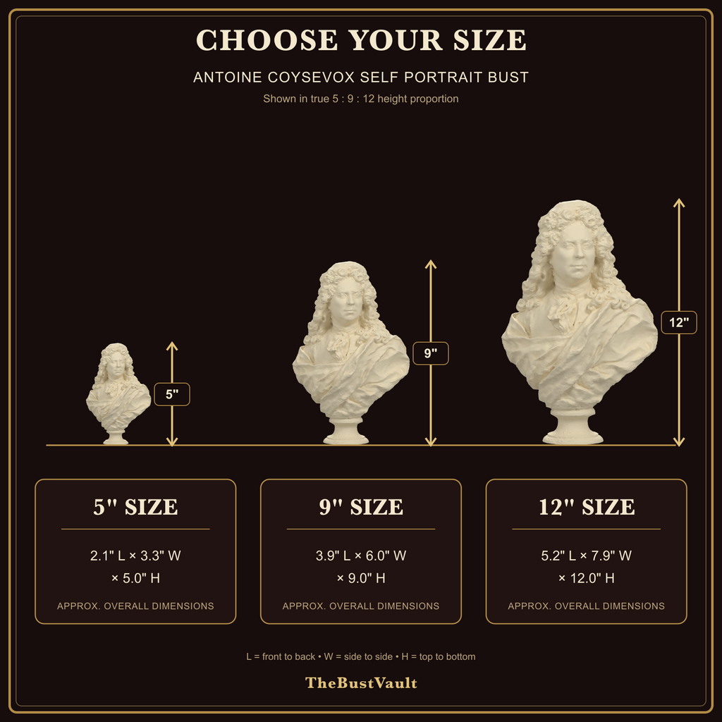 Antoine Coysevox Self Portrait Bust, dimensions at 5, 9, and 12 inches