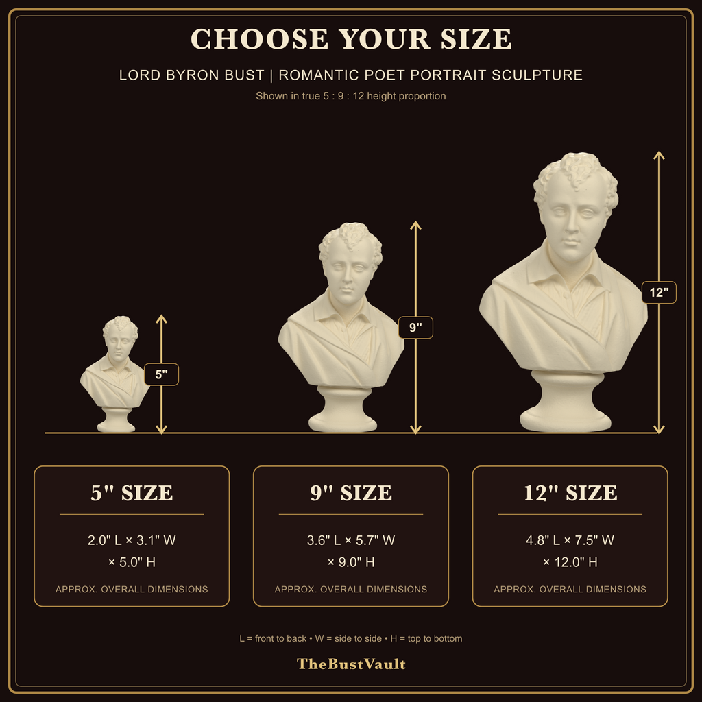 Lord Byron Bust | Romantic Poet Portrait Sculpture, dimensions at 5, 9, and 12 inches