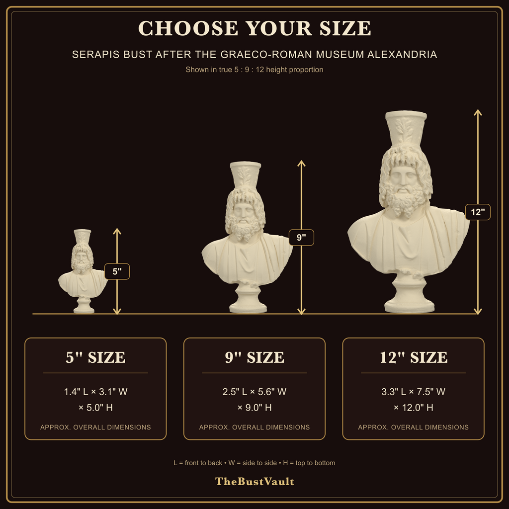 Serapis Bust after the Graeco-Roman Museum Alexandria, dimensions at 5, 9, and 12 inches