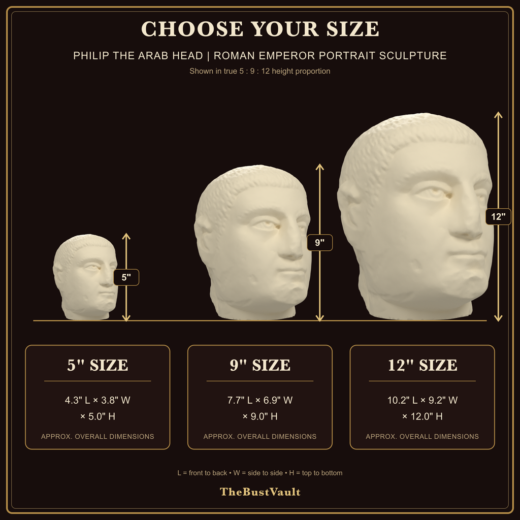 Philip the Arab Head | Roman Emperor Portrait Sculpture, dimensions at 5, 9, and 12 inches