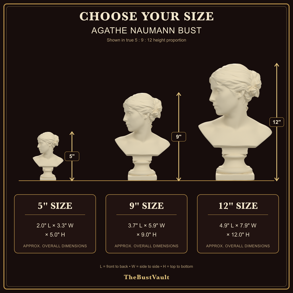 Agathe Naumann Bust, dimensions at 5, 9, and 12 inches