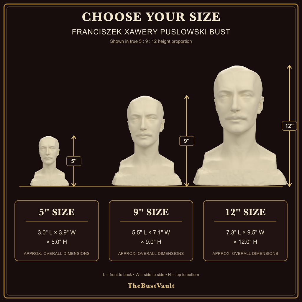 Franciszek Xawery Puslowski Bust, dimensions at 5, 9, and 12 inches