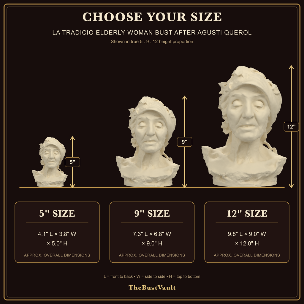 La Tradicio Elderly Woman Bust after Agusti Querol, dimensions at 5, 9, and 12 inches