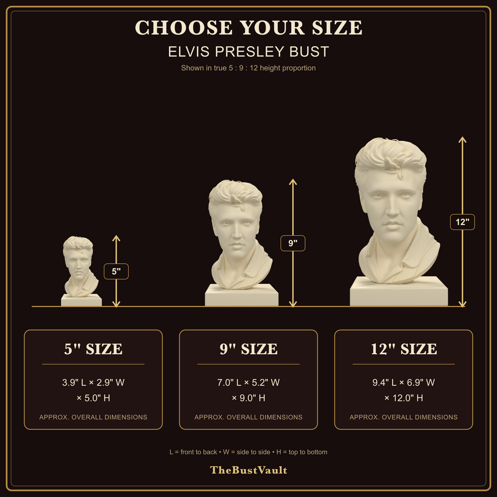 Elvis Presley Bust, dimensions at 5, 9, and 12 inches