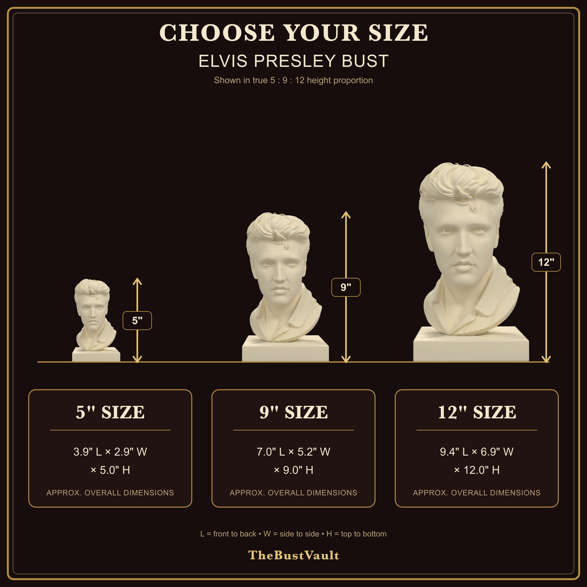 Elvis Presley Bust, dimensions at 5, 9, and 12 inches