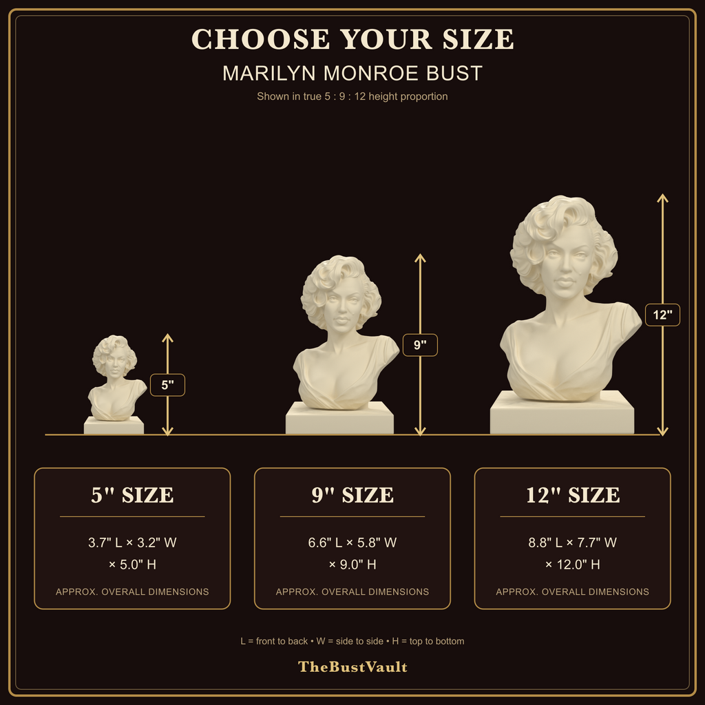 Marilyn Monroe Bust, dimensions at 5, 9, and 12 inches