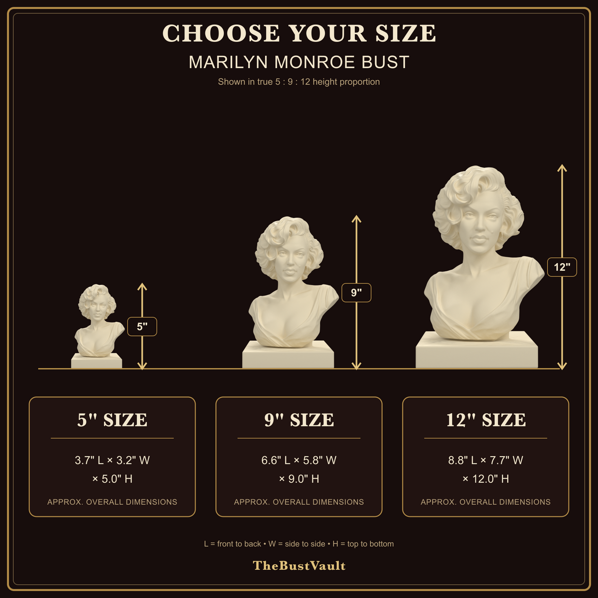 Marilyn Monroe Bust, dimensions at 5, 9, and 12 inches
