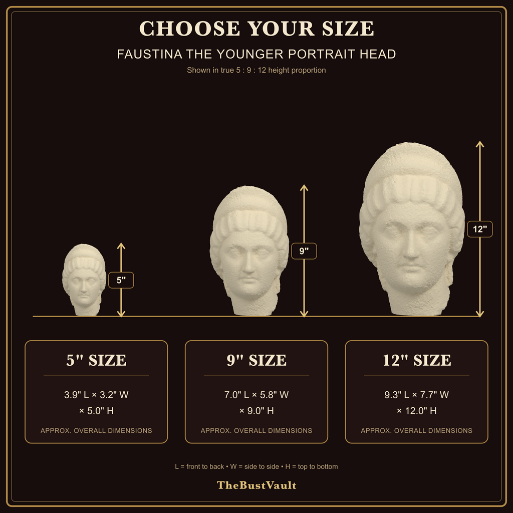 Faustina the Younger Portrait Head, dimensions at 5, 9, and 12 inches