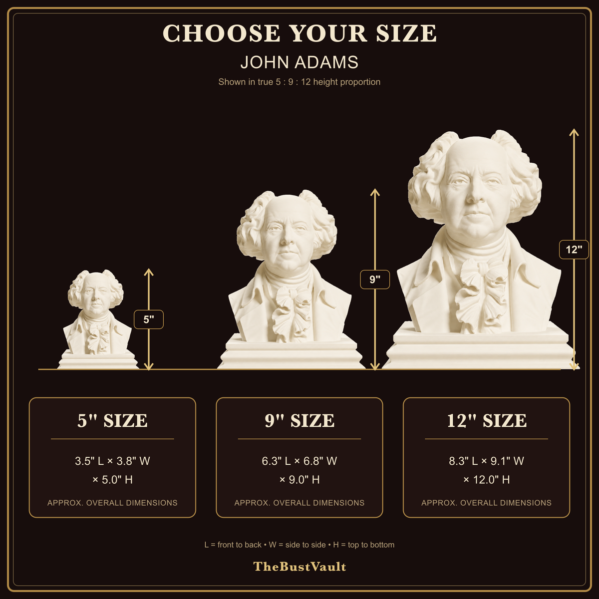 John Adams size guide with approximate overall measurements for 5, 9, and 12 inch heights