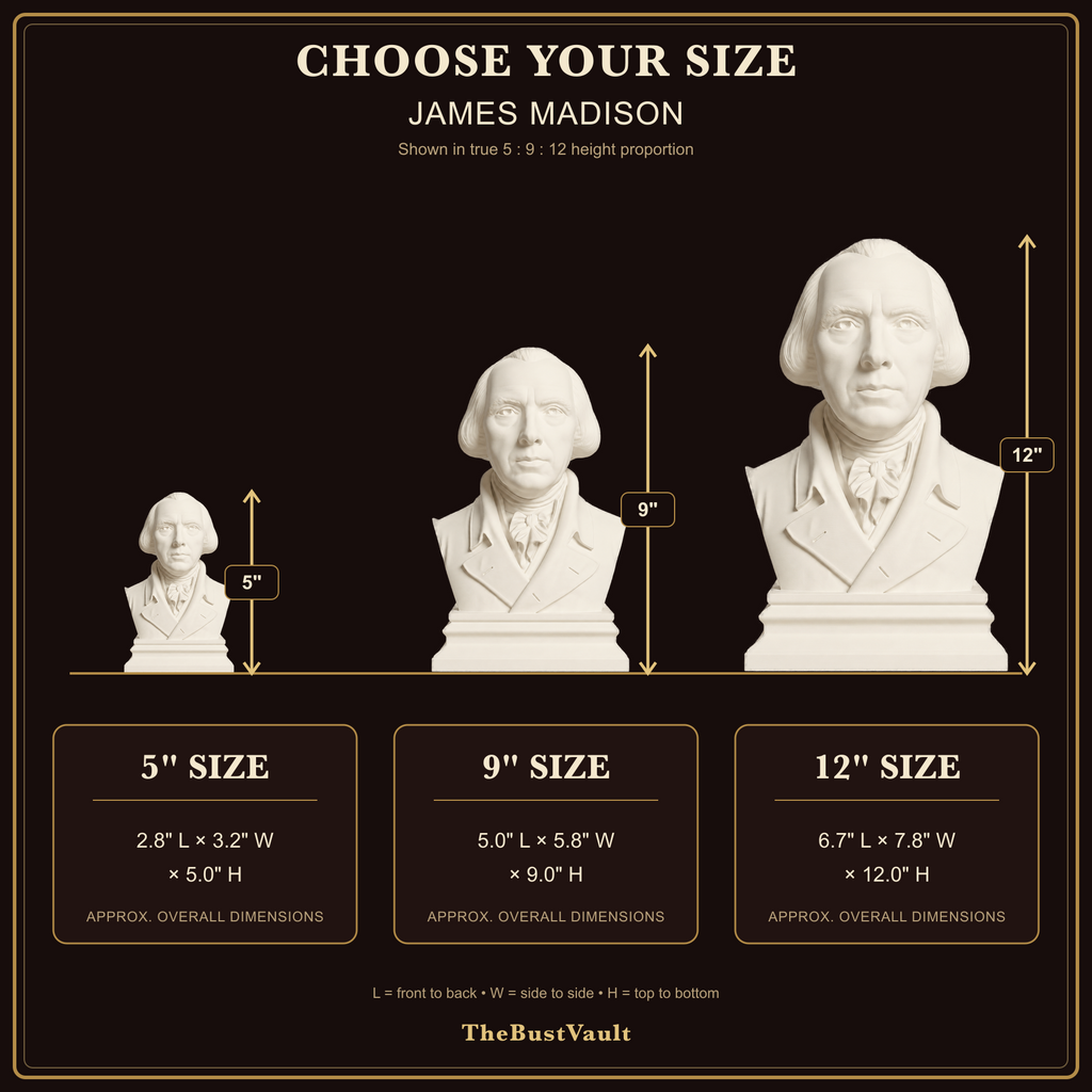 James Madison size guide with approximate overall measurements for 5, 9, and 12 inch heights