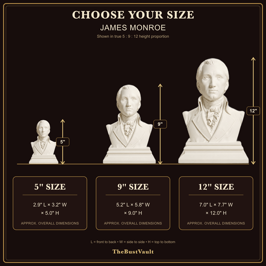 James Monroe size guide with approximate overall measurements for 5, 9, and 12 inch heights