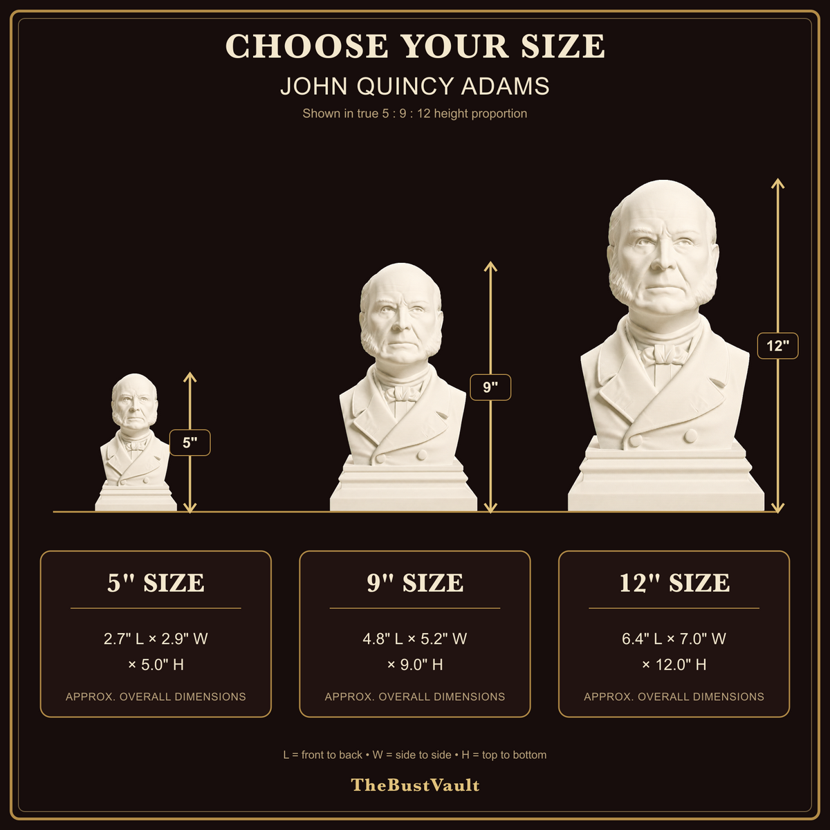 John Quincy Adams size guide with approximate overall measurements for 5, 9, and 12 inch heights