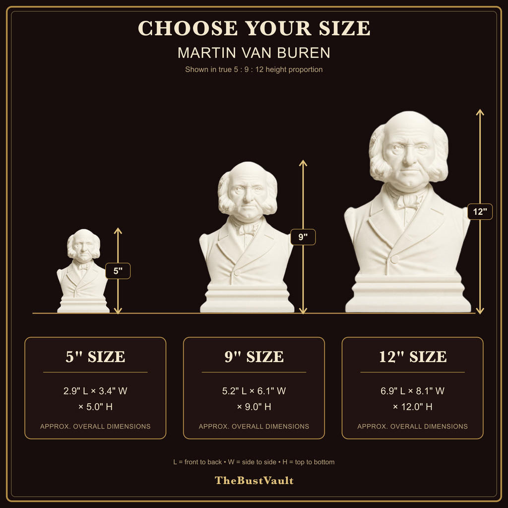 Martin Van Buren size guide with approximate overall measurements for 5, 9, and 12 inch heights