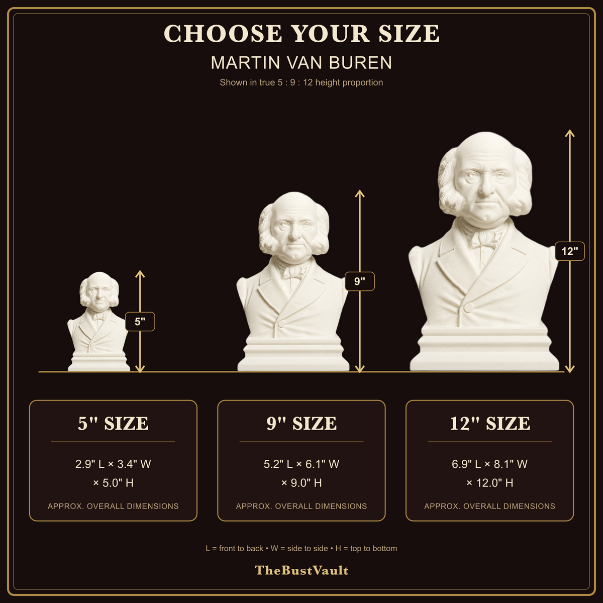 Martin Van Buren size guide with approximate overall measurements for 5, 9, and 12 inch heights