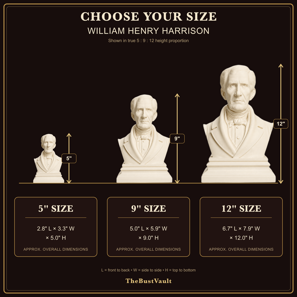 William Henry Harrison size guide with approximate overall measurements for 5, 9, and 12 inch heights