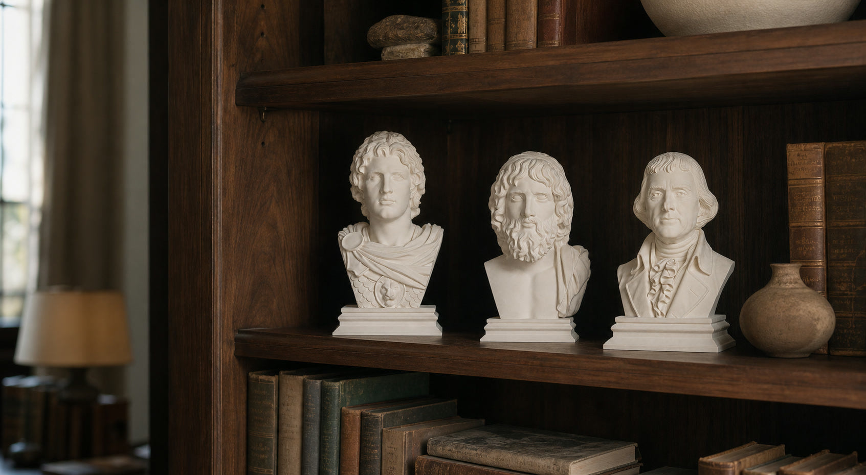 Three ivory Bust Vault sculptures displayed together in a dark walnut home library